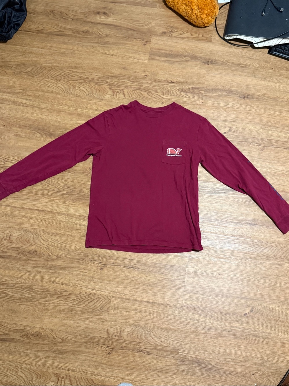 Vineyard Vines Maroon Long Sleeve Pocket Tee with Football Decal